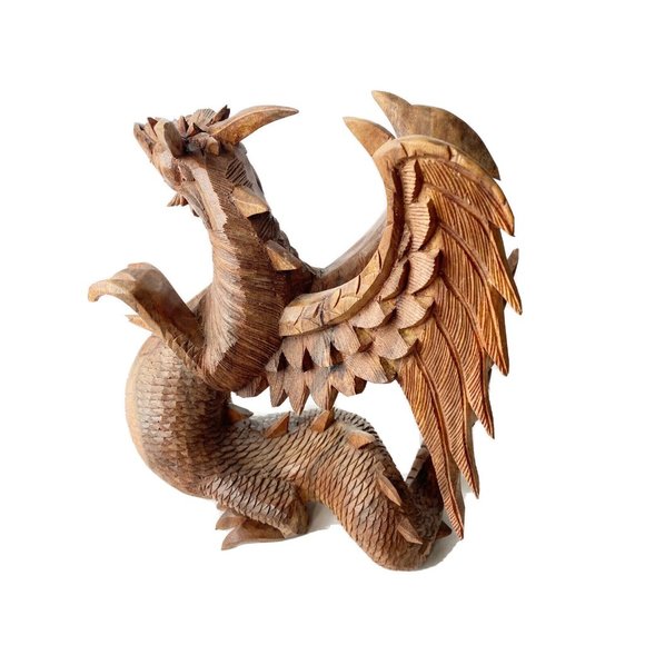Wood Carved Flying Dragon Fantasy Large 12” X 12” - Picture 7 of 9